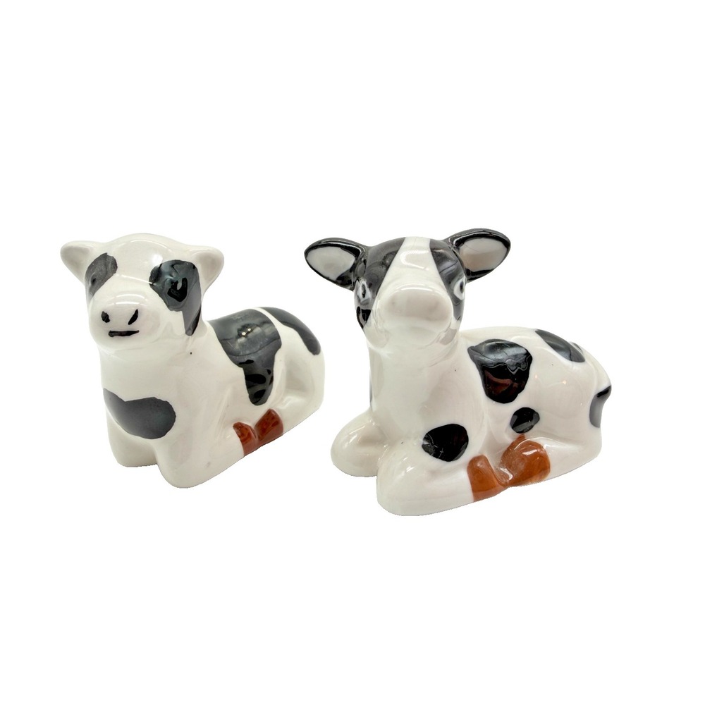 Ceramic Resting Black & White Spotted Cow Salt & Pepper Shakers Farmhouse Decor